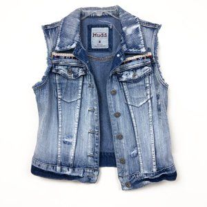 Mudd Distressed Denim Vest w/ Stud, Fabric & Braid